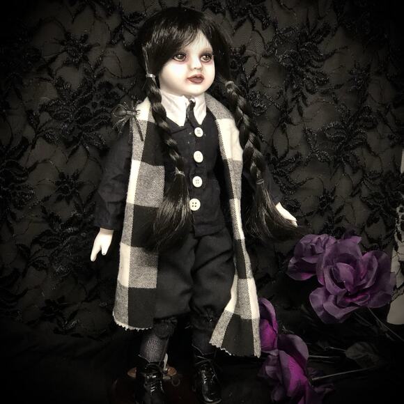 OOAK Creepy Odd 16” Wednesday Addams Halloween Inspired Artist Fan Art Doll - Picture 6 of 16